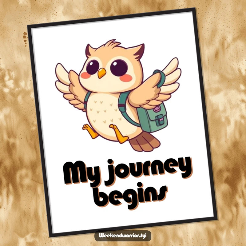 Funny owl digital art print of a cheerful owl flying with a backpack, ready for adventure, ideal for explorers.