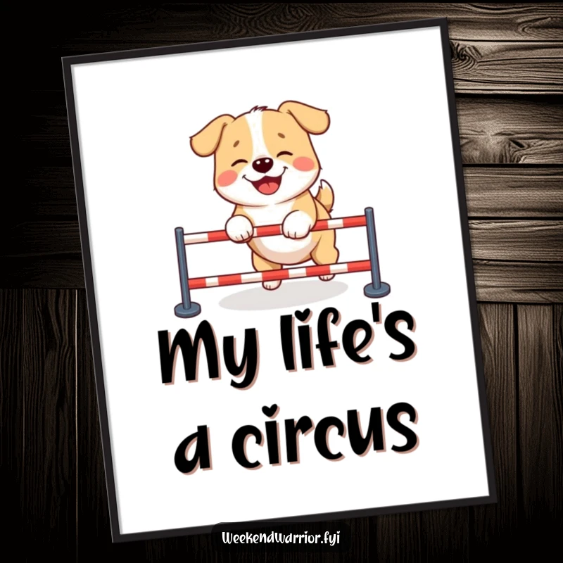 Funny dog digital art print of a giggling dog mastering a tiny obstacle course, perfect for adding a humorous touch.