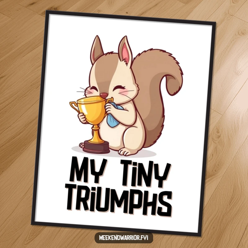 Funny squirrel digital art print showing a triumphant animal polishing a tiny award, perfect for wall decor.