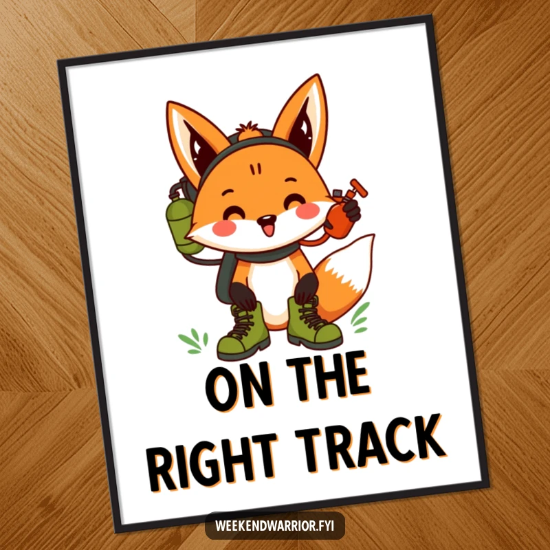 Funny fox with hiking boots and a canteen, cheering, a humorous digital art print.