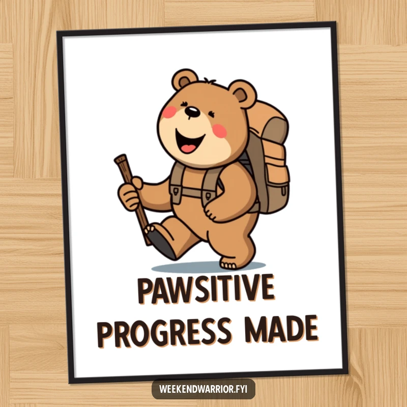 Funny bear with backpack and stick, trekking uphill with determination, a humorous digital art print.