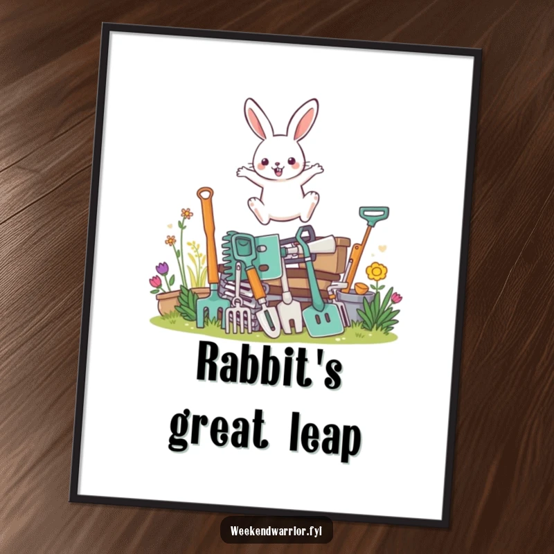 Funny digital art print of a determined rabbit character leaping over gardening tools, symbolizing gardening passion and humor.