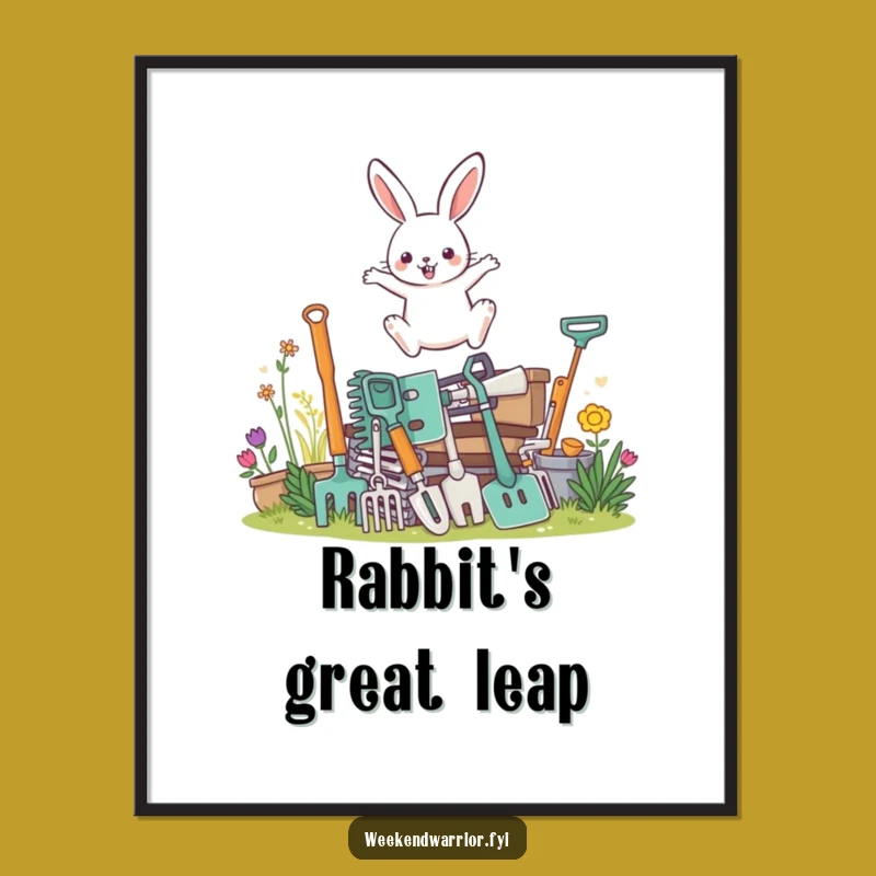 Funny Rabbit Gardener Digital Art: Humorous Leaping Wall Decor, Unique Gift