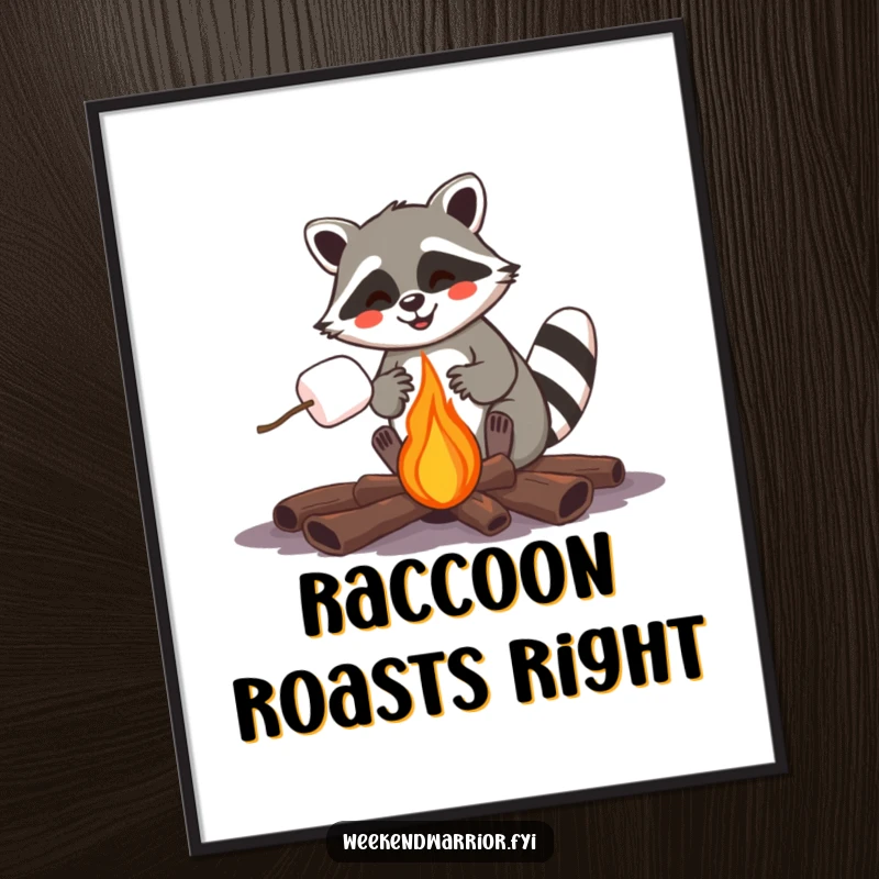 Funny raccoon roasting a marshmallow over a campfire, a humorous digital art print.