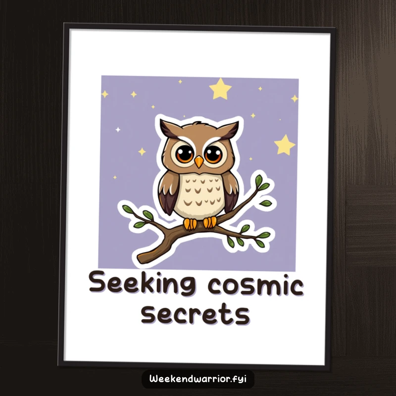 Funny digital art print of a curious cartoon owl perched on a branch under a beautiful starry night sky.