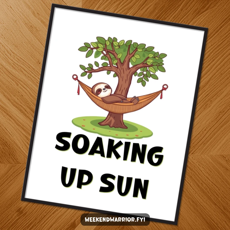 Funny digital art print of a content sloth relaxing in a hammock under a tree, ideal for instant, humorous wall decor.