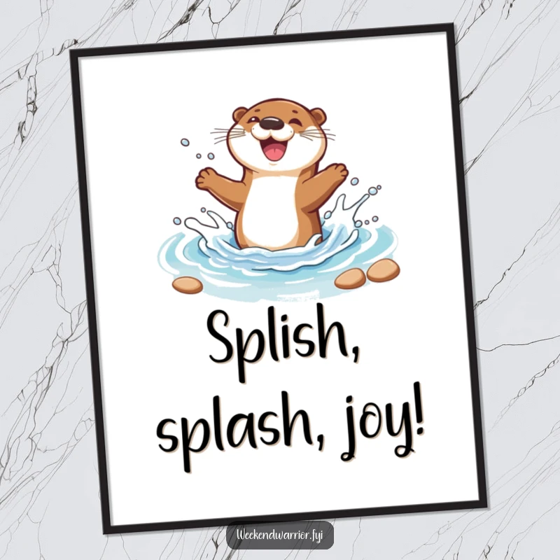 Funny digital art print of a joyful cartoon otter splashing exuberantly in a clear blue stream, full of life.