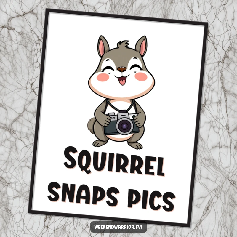 Funny, energetic squirrel with a camera around its neck as digital art for decor.