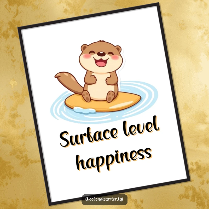 Funny digital art print of a happy otter character jubilantly paddleboarding across a shimmering blue pond, perfect for cheerful decor.