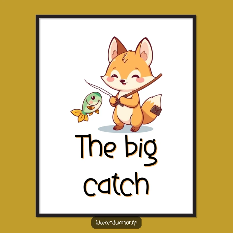 Funny Kawaii Fox Fishing Digital Art - Instant Angler Decor