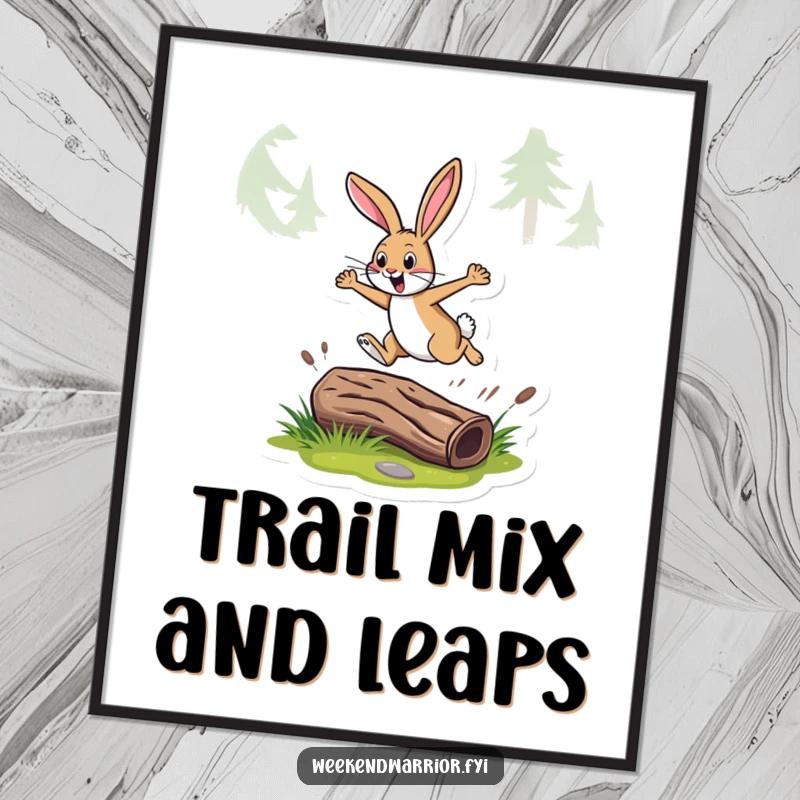 Funny digital art print of an energetic rabbit leaping over a log on a trail, ideal for instant, humorous wall decor.