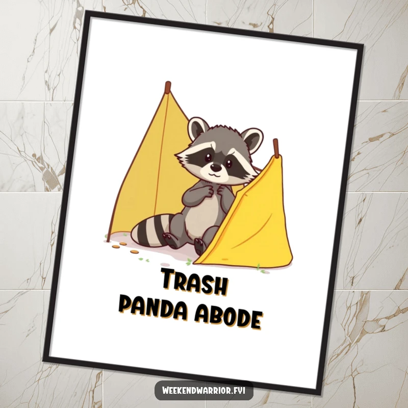 Funny Raccoon Art Print of a brave raccoon patching a small tent tear, ideal for instant wall decor.