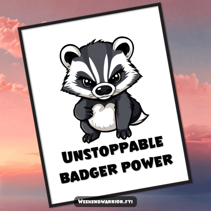 Funny digital art print of a determined cartoon badger, radiating focus and motivational energy, ideal for wall decor.