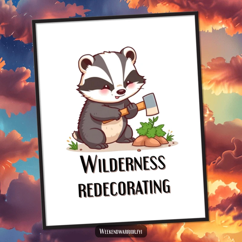 Funny kawaii badger enthusiastically hacking a small bush with a tiny axe, as a downloadable digital art print. Vibrant and humorous home decor.