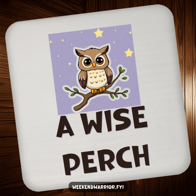 Funny drink coaster featuring a curious cartoon owl on a starry night branch, adding magical protection to tables.
