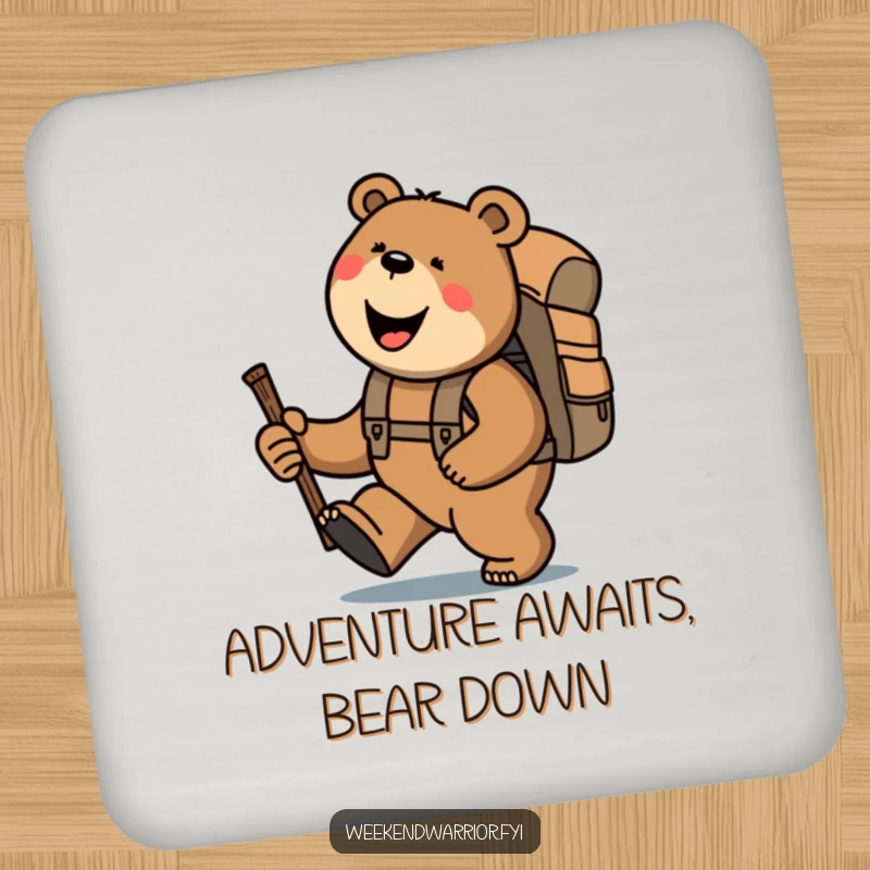 Funny bear with backpack and stick, trekking uphill, a humorous coaster for drink protection.