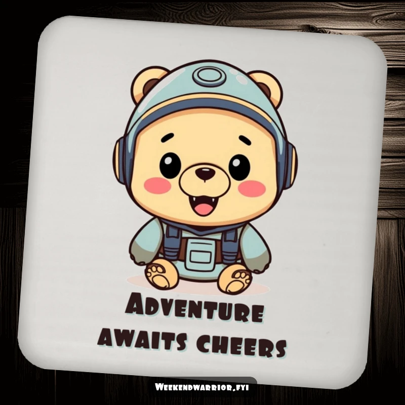 Funny drink coaster featuring a cheerful bear wearing a helmet, looking ready for adventure, perfect for explorers.