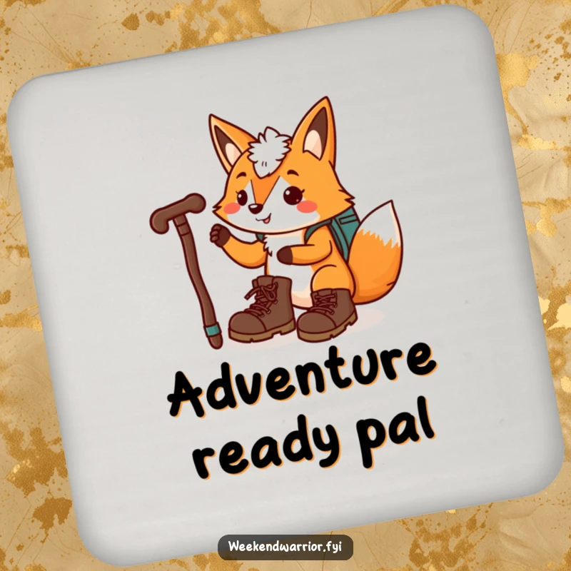 Funny, playful fox with hiking boots and a walking stick on drink coasters.