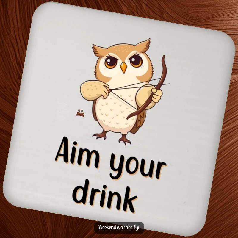 Funny drink coaster featuring a focused owl character practicing archery with a twig bow, protecting tables with precision.