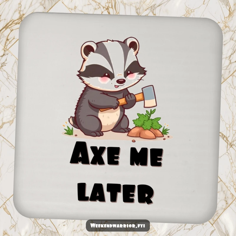 Funny kawaii badger enthusiastically hacking a small bush with a tiny axe, printed on a protective drink coaster. Adds humor to your table.