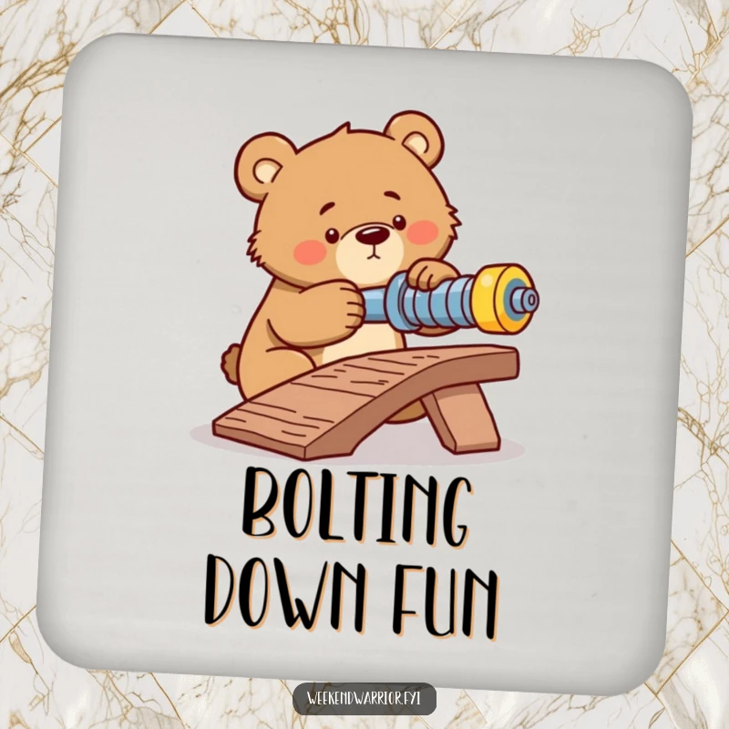 Funny drink coasters showcasing a determined bear focused on tightening a bolt, symbolizing hard work and dedication.