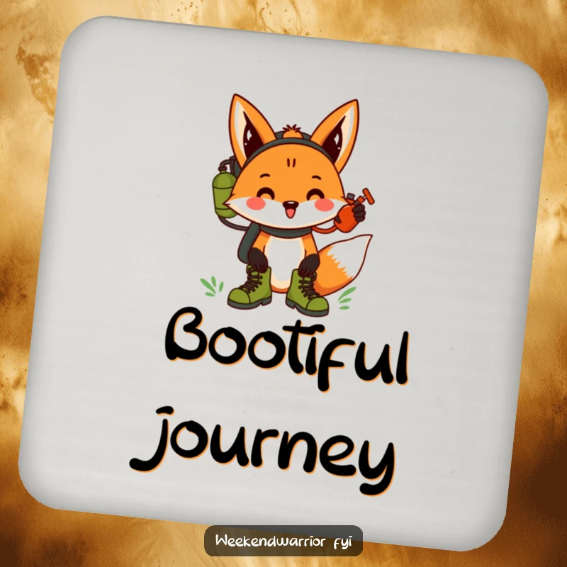 Funny fox with hiking boots and a canteen, cheering, a humorous coaster for drink protection.