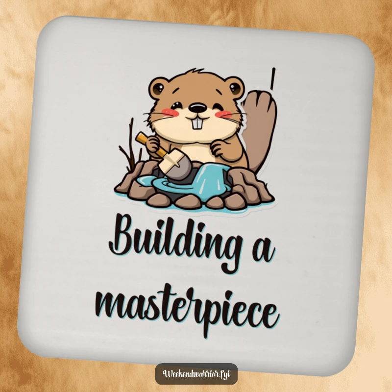 Funny drink coasters featuring an amused beaver building a dam with a tiny shovel, adding humorous construction charm to any setting.