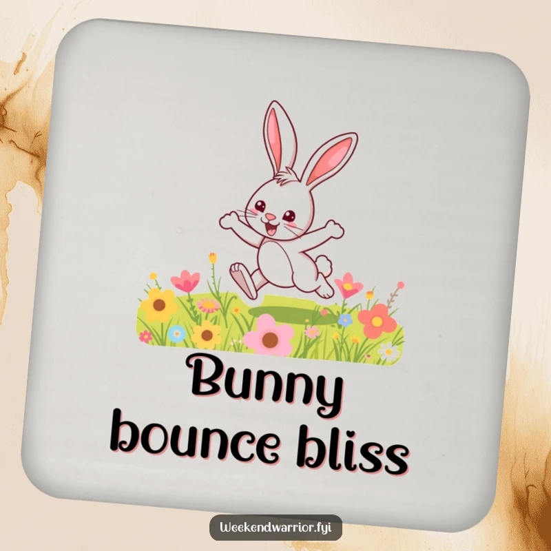 Funny drink coaster featuring a fun cartoon bunny hopping over a colorful meadow, adding playful charm to tables.
