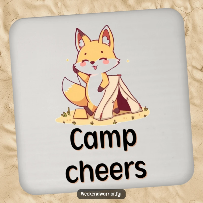 Funny Kawaii Fox Tent Coaster: A cartoon fox happily plants a small tent, offering a cheerful and protective surface.