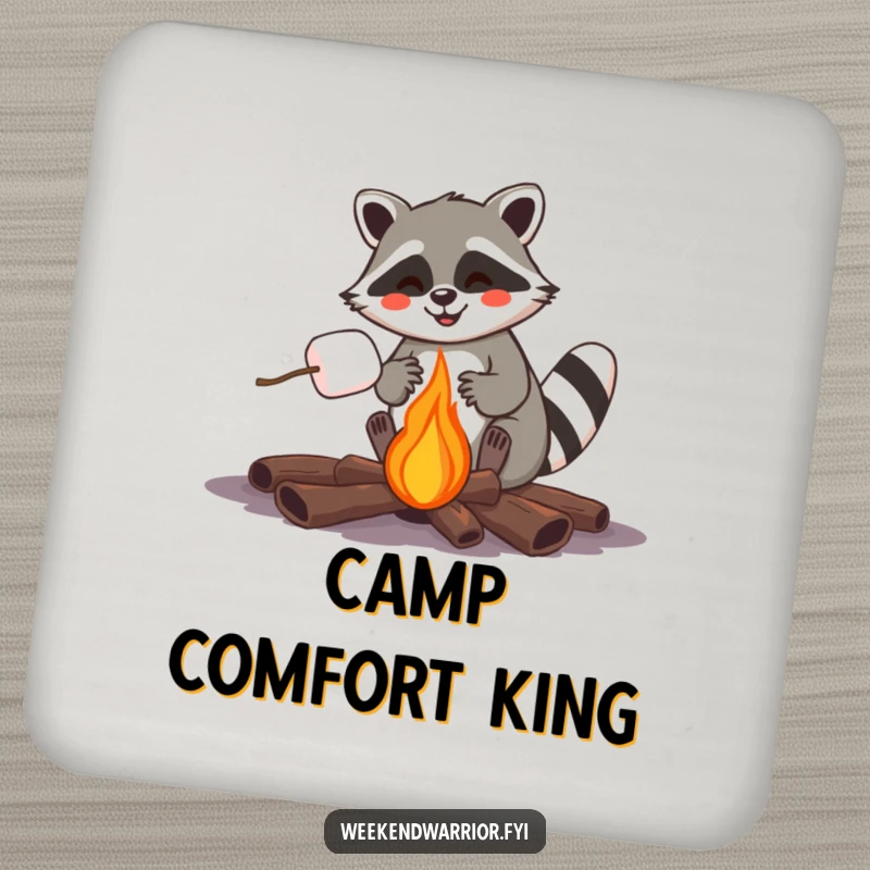 Funny raccoon roasting a marshmallow over a campfire, a humorous coaster for drink protection.