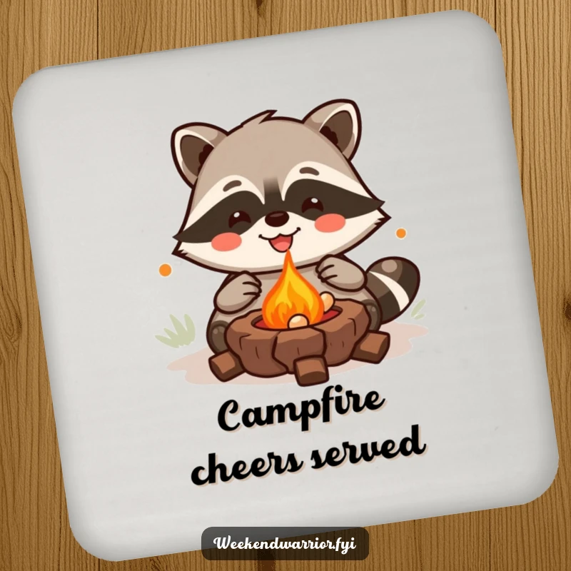 Funny Kawaii Raccoon Coaster featuring a joyful grilling character, adding humorous culinary flair to any surface. Nice funny gift.