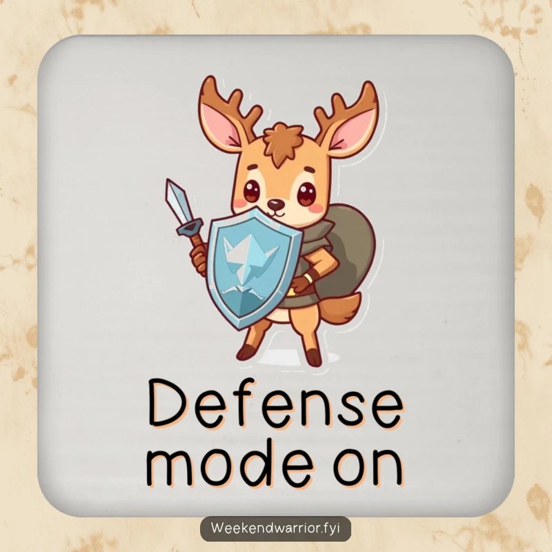 Funny Kawaii deer drink coaster, featuring a brave warrior with a sword and shield, offering protection and humor.