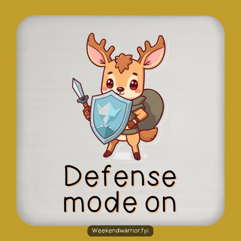 Funny Kawaii Deer Coaster: Heroic Protection with Sword and Shield, Unique Funny Gift