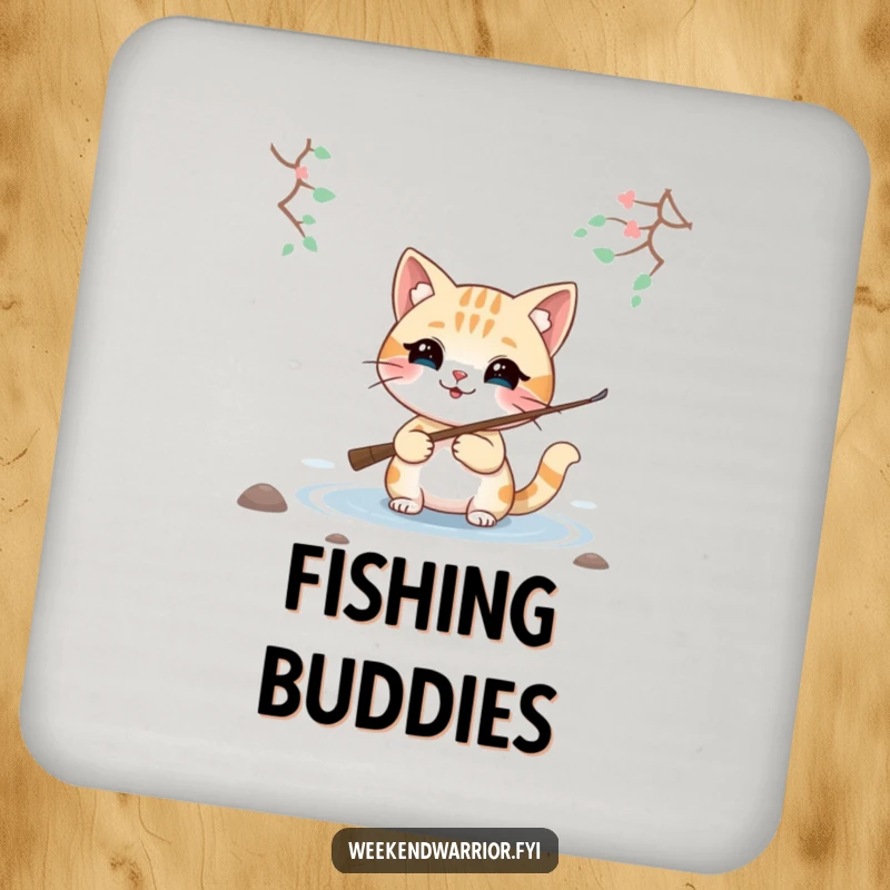 Funny drink coaster featuring a smiling cat character fishing by a lake, adding charm while protecting surfaces.