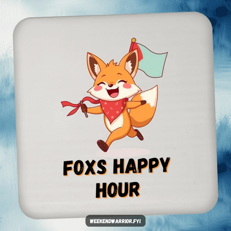 Funny fox coaster depicting a joyful fox wearing a bandana, running with a flag, a humorous and protective addition to any table.