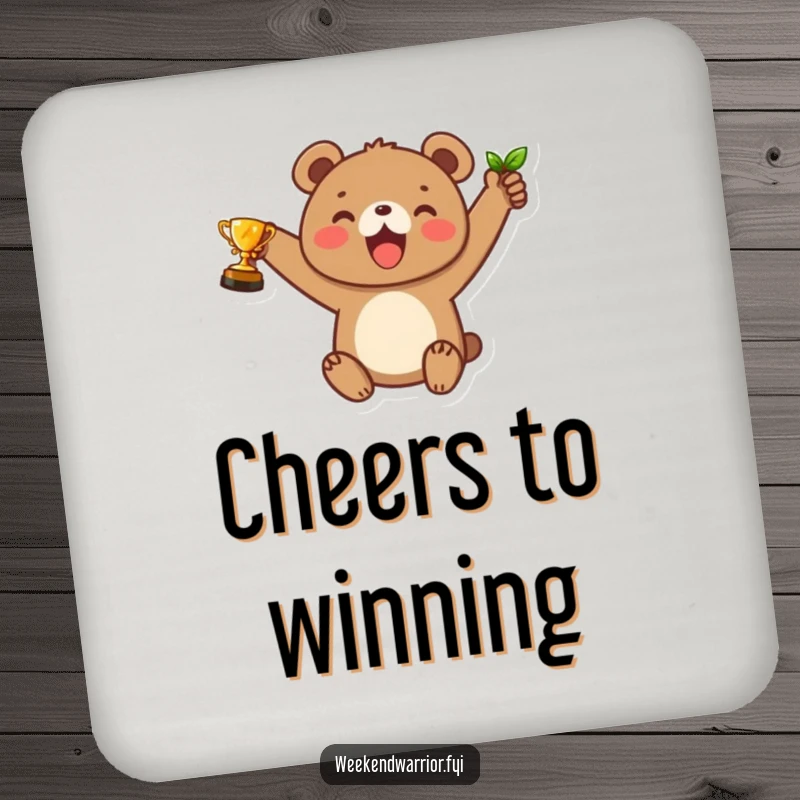 Funny drink coaster featuring a joyful bear cub raising a small leaf trophy, protecting surfaces with a celebratory spirit.