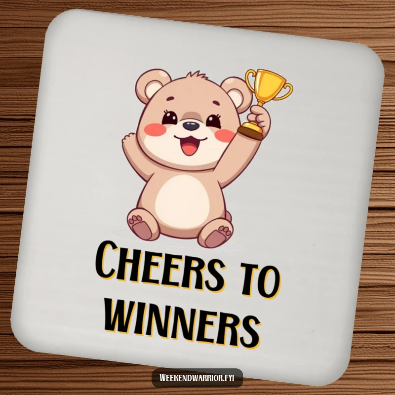 Funny bear cub trophy coaster showing a happy cub holding a miniature trophy, adding a touch of joy to any surface.