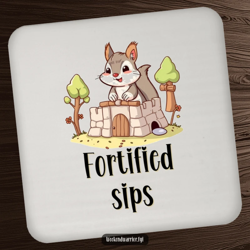 Funny Builder Squirrel Coaster featuring a determined squirrel building an elaborate fort, protecting surfaces.