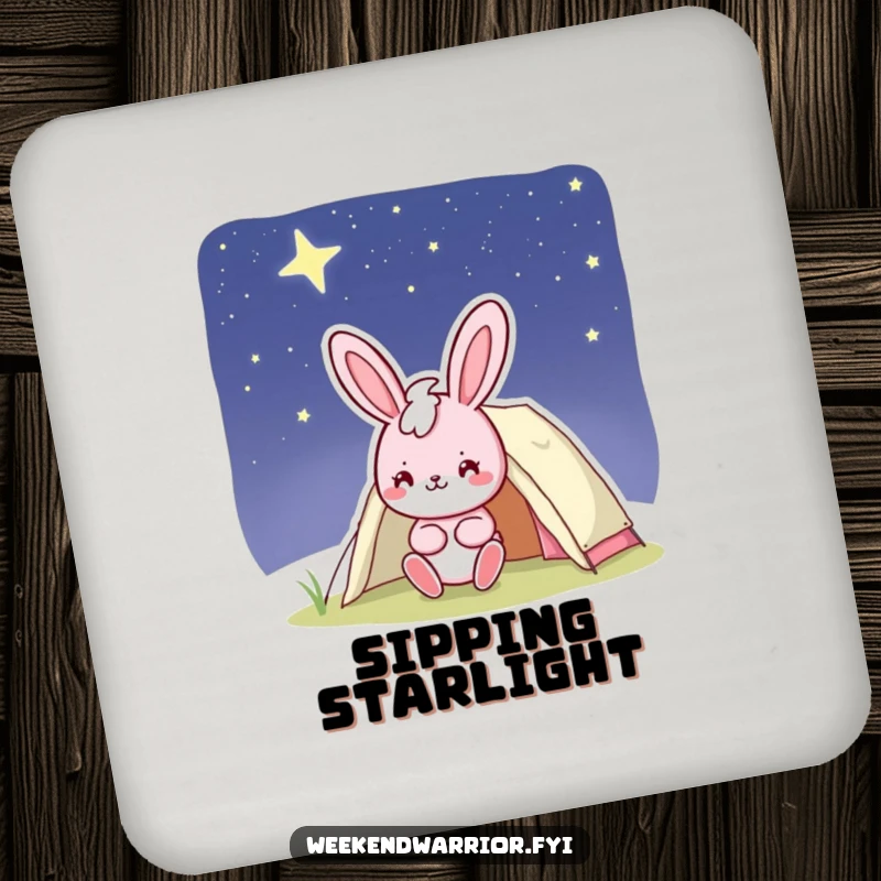Funny bunny coaster with a cheerful pink character setting up a tent under a starry night sky, a humorous surface saver.