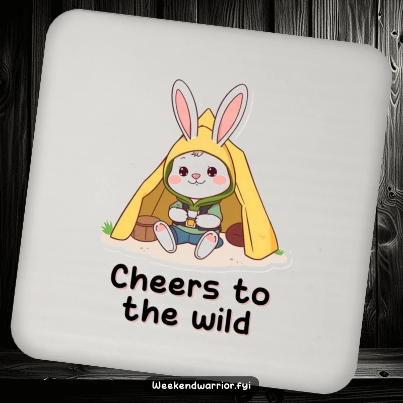 Funny coaster with a cheerful rabbit in camping gear setting up a tent, protecting surfaces with charm.
