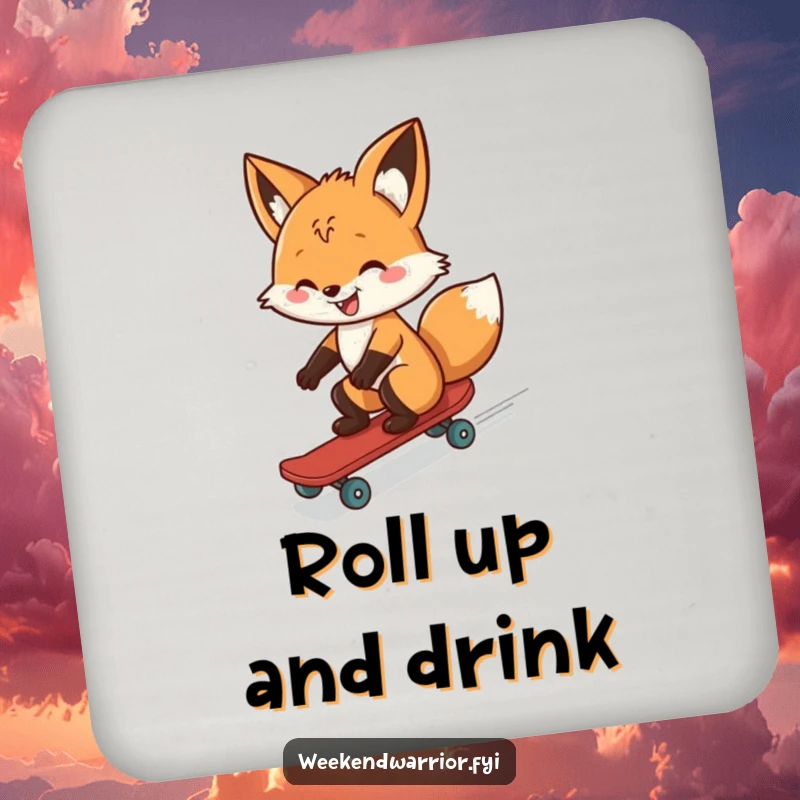 Funny drink coaster featuring a fox skateboarding downhill with a grin, offering surface protection with wild humor and adventurous style.