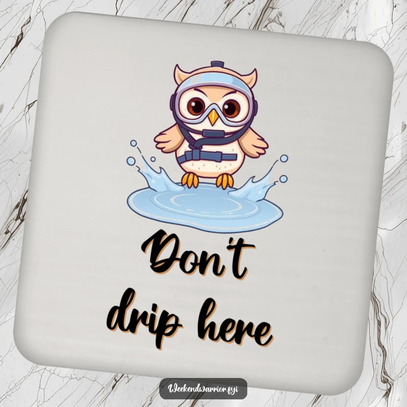 Funny drink coaster featuring a brave owl in diving gear splashing into a puddle, adding humorous protection.
