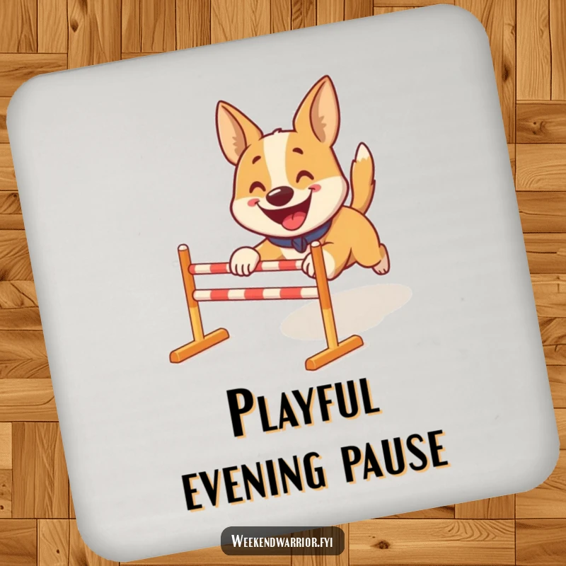 Funny coasters: A happy dog bounding through a small obstacle course, offering playful protection for drinks.
