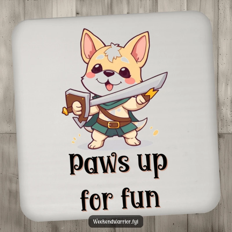 Funny coaster with a playful dog character holding a sword and shield, protecting surfaces with heroic flair.