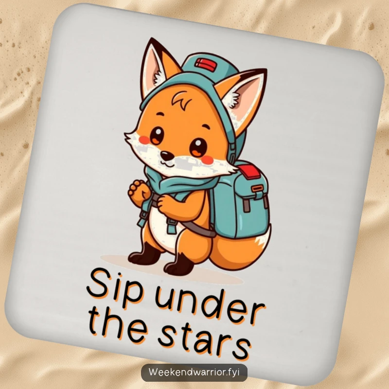 Funny fox with a camping backpack, ready for an adventure, depicted humorously on a drink coaster.