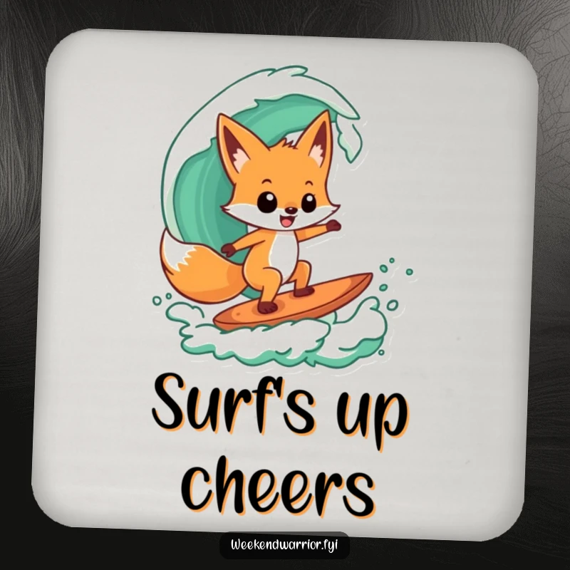 Funny coasters featuring a playful fox character confidently surfing a stylized green wave, protecting surfaces with humor.