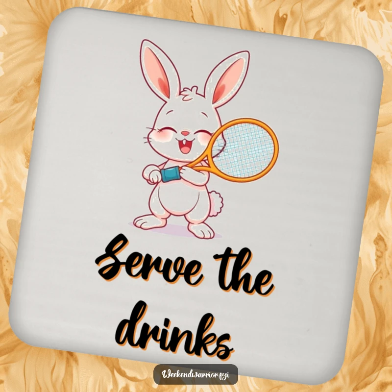Funny drink coaster featuring a bunny holding a tennis racket, ready to swing, offering surface protection with sporty humor.
