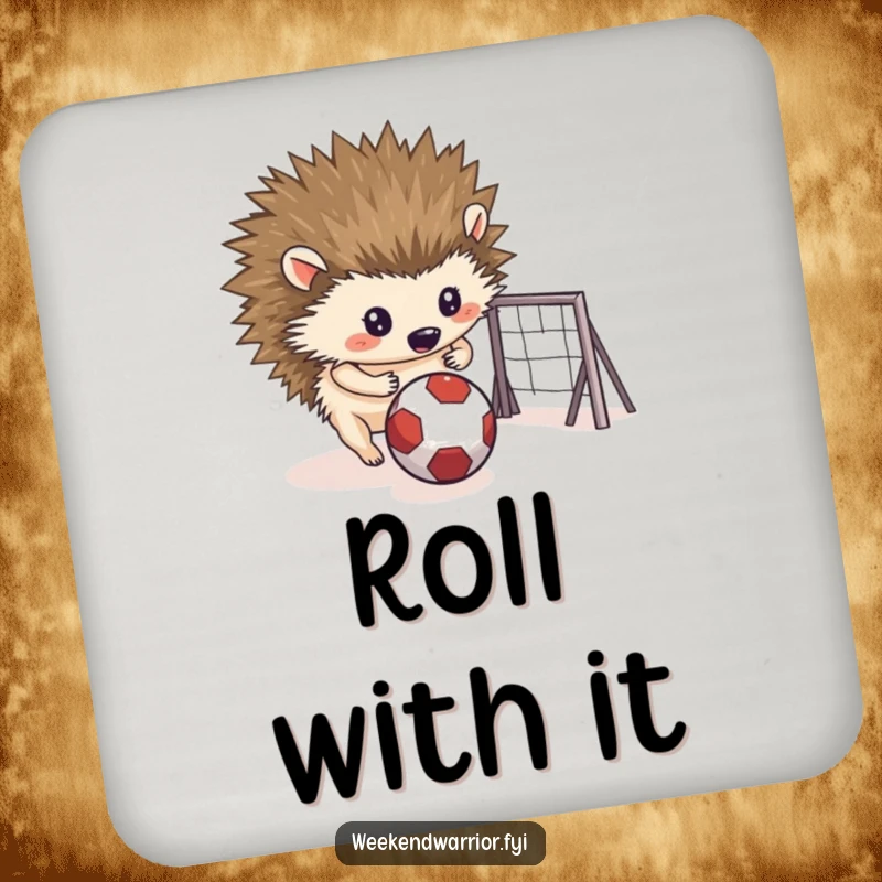Funny drink coaster featuring a determined hedgehog rolling a small ball towards a makeshift goal, ideal for parties.