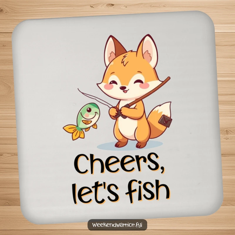 Funny Kawaii fox drink coaster showing a cheerful fishing character reeling in a fish, perfect for adding playful personality.