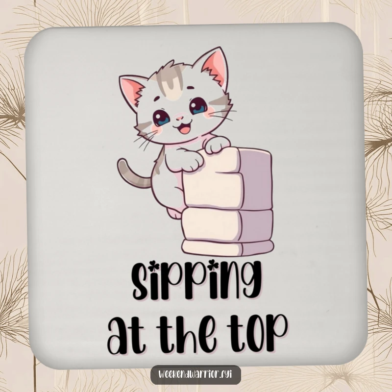 Funny drink coaster featuring a curious kitten smiling while climbing a small wall, ideal for protecting surfaces.
